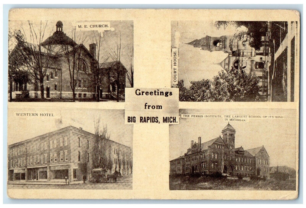 1913 Greetings From Church Hotel Court Big Rapids Michigan MI Multiview Postcard