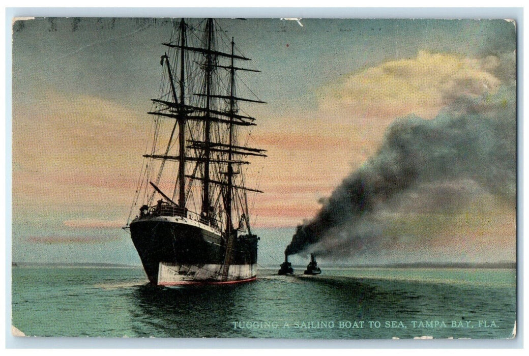 c1910's Tugging A Sailing Boat To Sea Tampa Bay Florida FL Antique Postcard