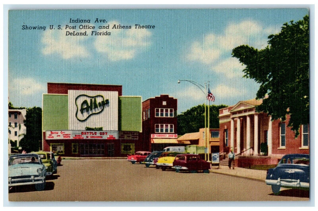 c1930's Indiana Ave. US Post Office And Athens Theater Cars DeLand FL Postcard