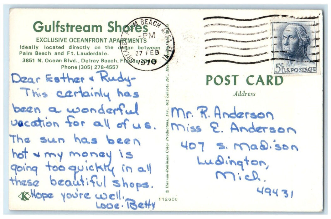 1970 Gulfstream Shores Oceanfront Apartments Delray Beach Florida FL Postcard