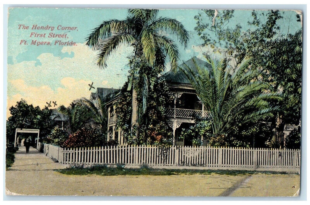 1912 The Hendry Corner First Street Ft. Myers Florida FL Antique Postcard