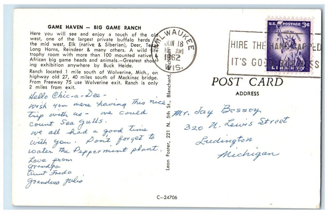 1962 Game Haven Big Game Ranch Elk Wolverine Michigan MI, Milwaukee WI Postcard