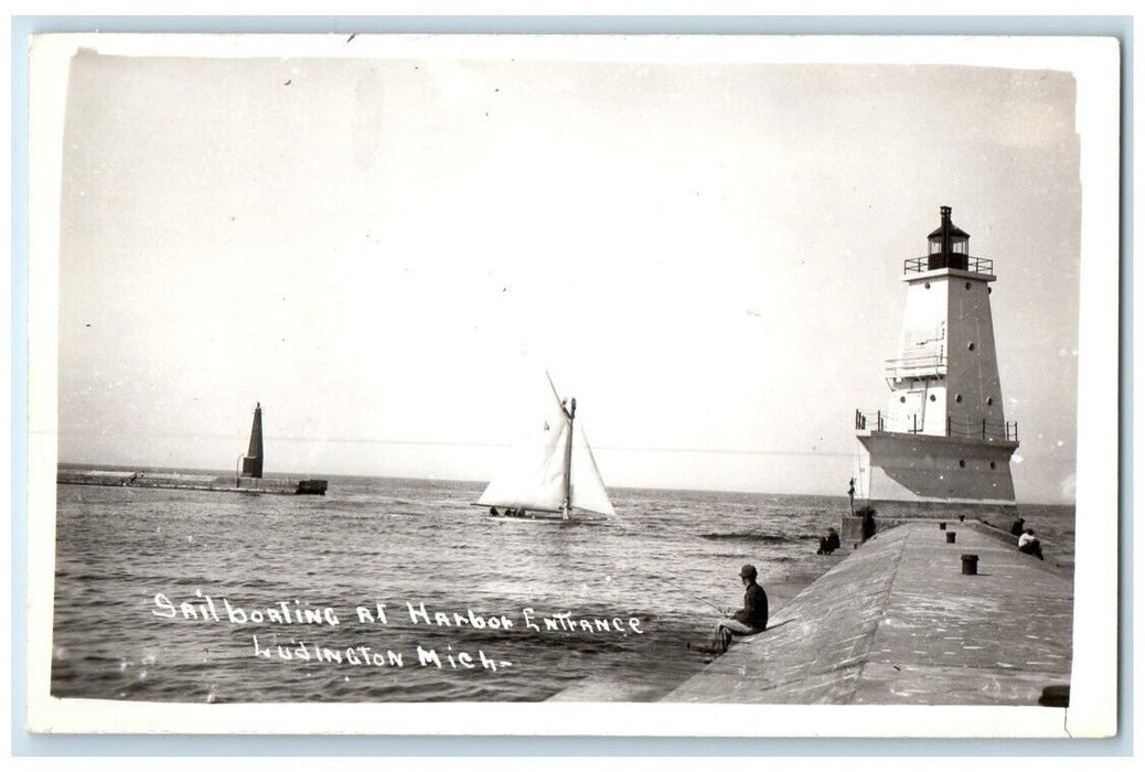 c1930's Sail Boating Harbor Entrance Lighthouse Ludington MI RPPC Photo Postcard