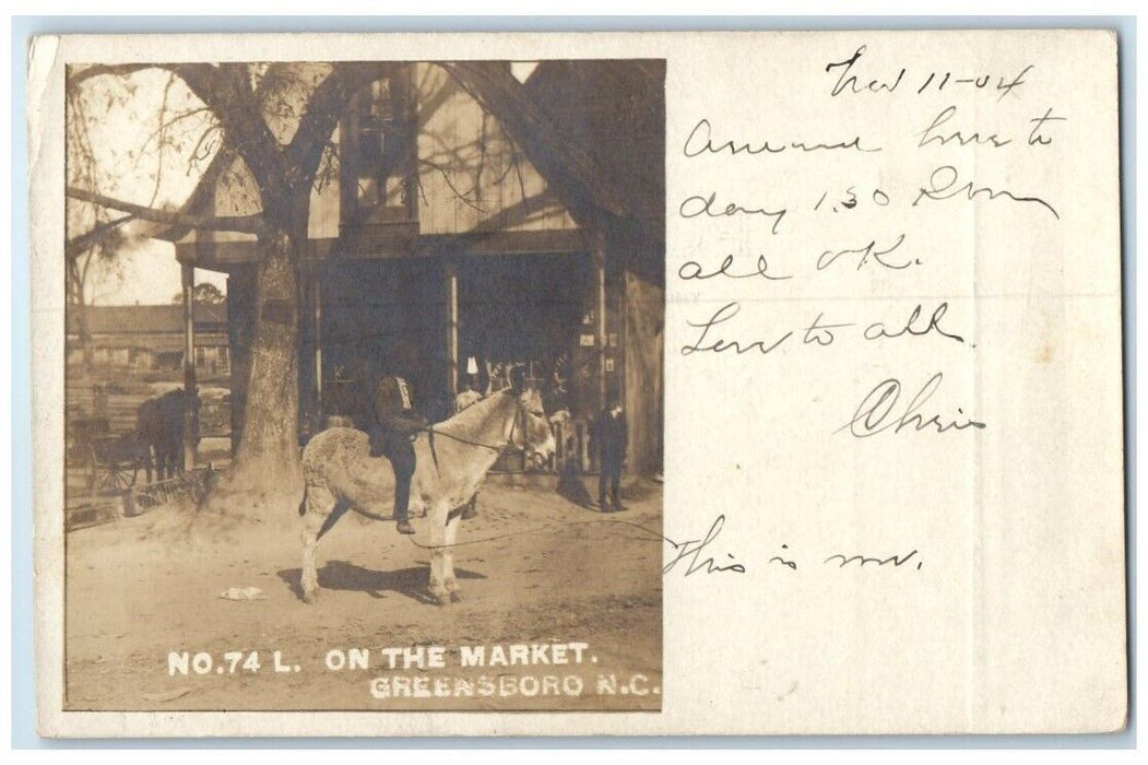 1904 Black Americana Donkey On The Market Greensboro NC RPPC Photo Postcard