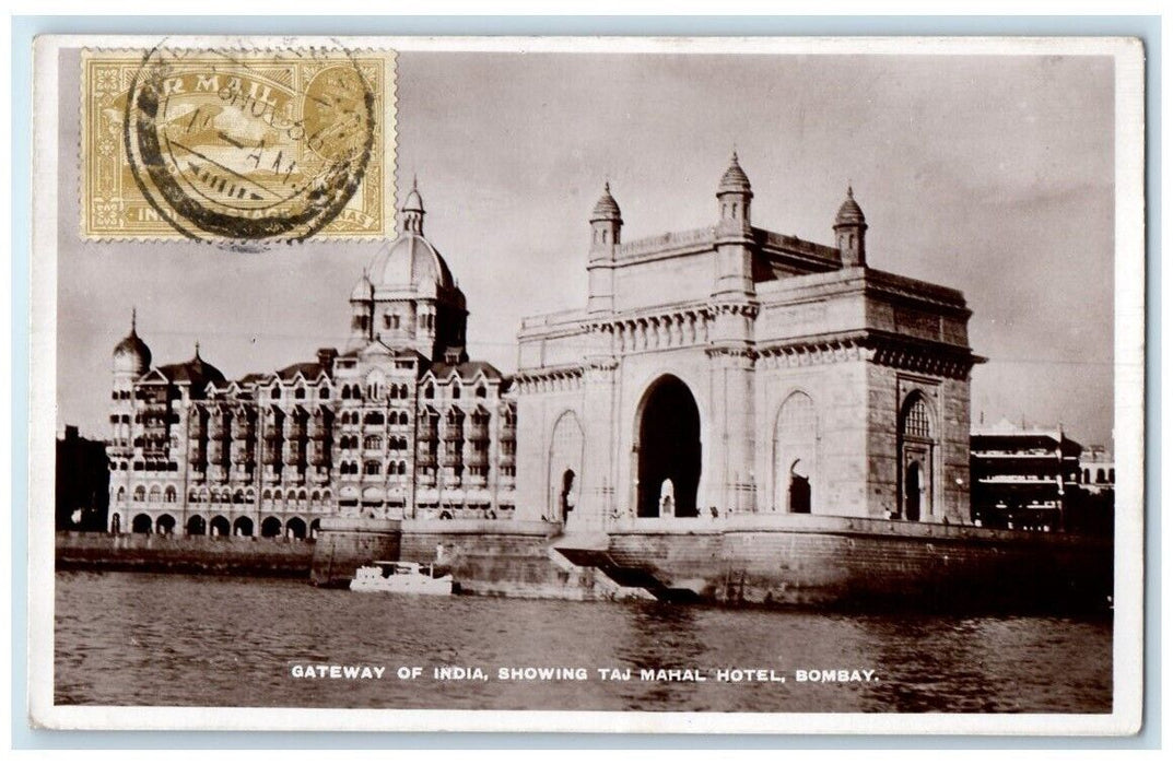 1936 Taj Mahal Hotel View Air Mail Gateway Bombay India RPPC Photo Postcard
