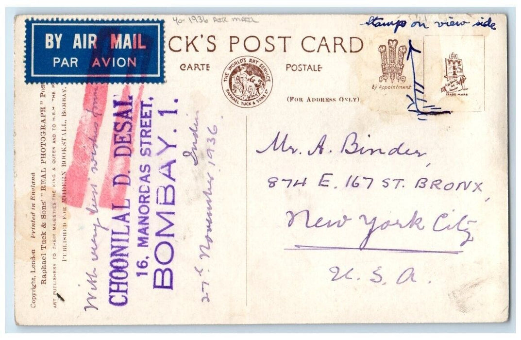 1936 Taj Mahal Hotel View Air Mail Gateway Bombay India RPPC Photo Postcard