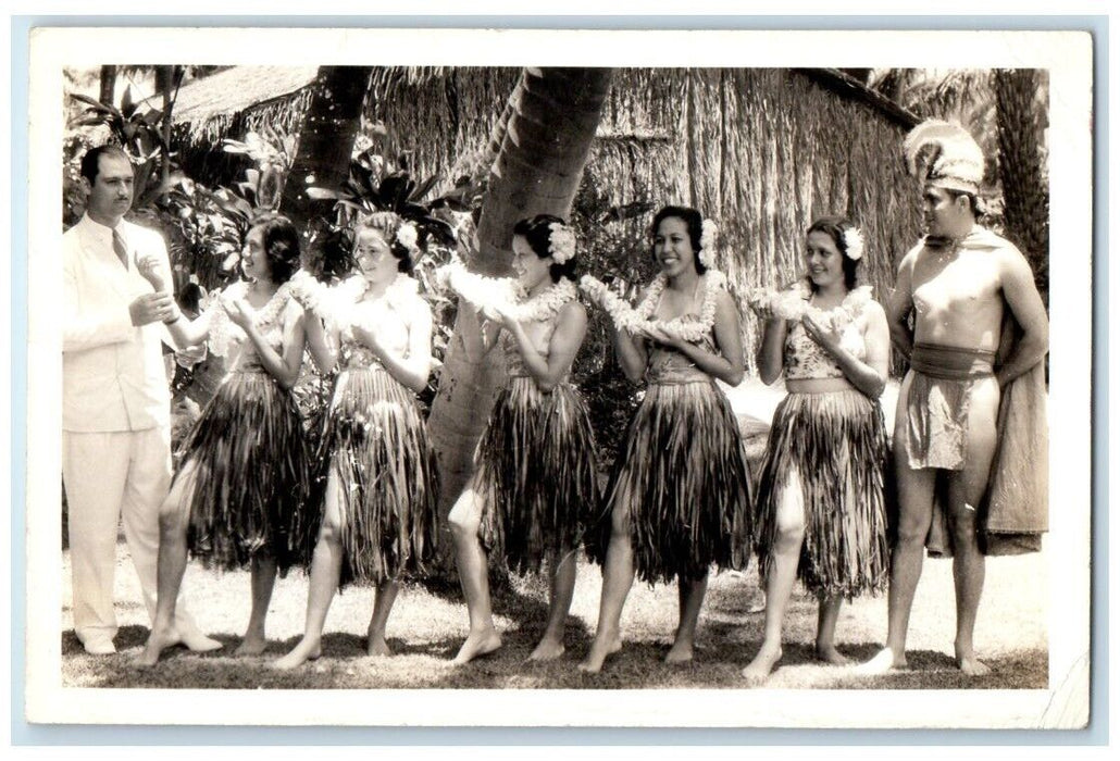 1943 Lei Flowers Hula Dancers US Army Censor Hawaii HI RPPC Photo Postcard