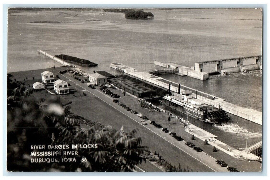 1941 Mississippi River Barges In Locks Dubuque Iowa IA RPPC Photo Postcard