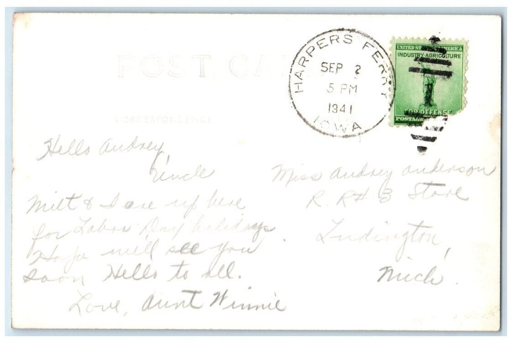 1941 Black Hawk Bridge Town River View Lansing Iowa IA RPPC Photo Postcard