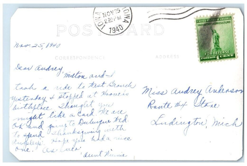 1940 President Herbert Hoover Birthplace West Branch Iowa IA RPPC Photo Postcard