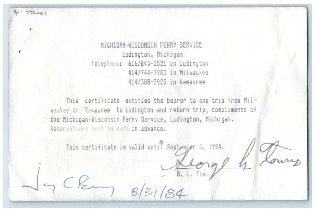 Michigan Wisconsin Badger Ferry Service Ludington Michigan MI, Ticket Postcard
