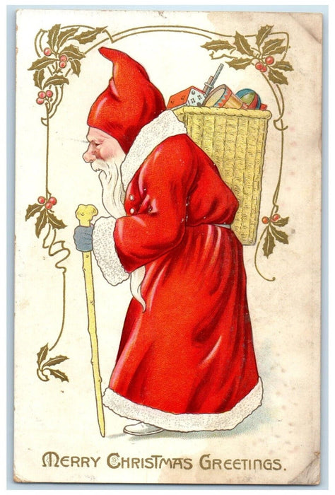 1910 Christmas Greetings Santa Claus With Basket Of Toys Berries Tuck's Postcard