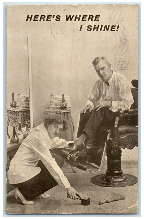 1912 Woman Shoe Shine Barber Here's Where I Shine Decatur Indiana IN Postcard