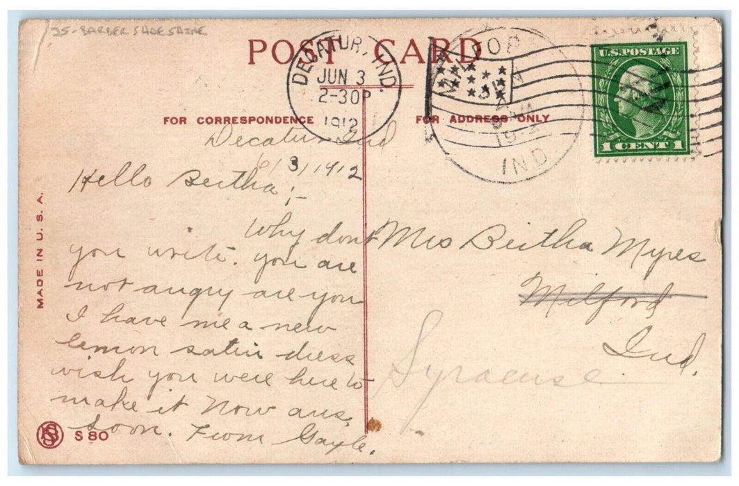 1912 Woman Shoe Shine Barber Here's Where I Shine Decatur Indiana IN Postcard