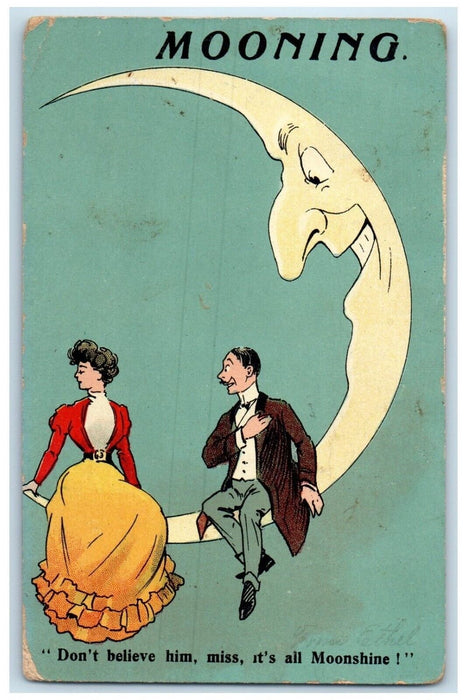 1908 Anthropomorphic Crescent Moon Mooning Couple Fighting Doms IL Postcard