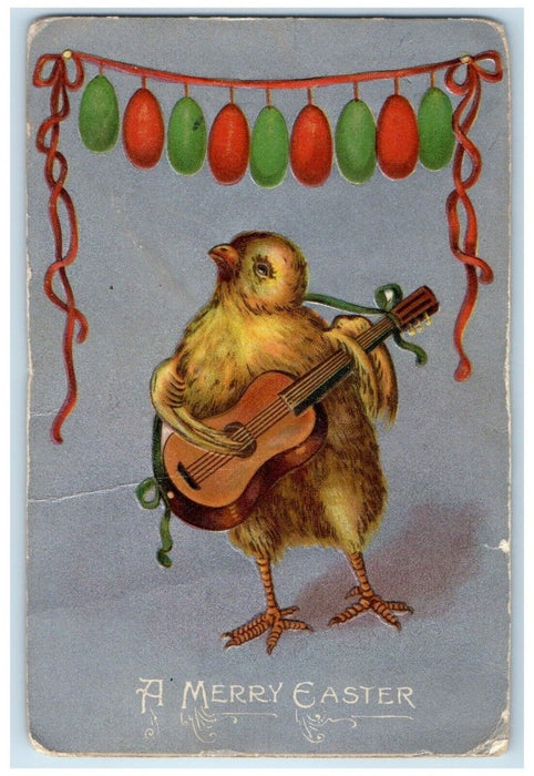 1910 Easter Anthropomorphic Chick Playing Guitar Hanging Eggs Serenade Postcard