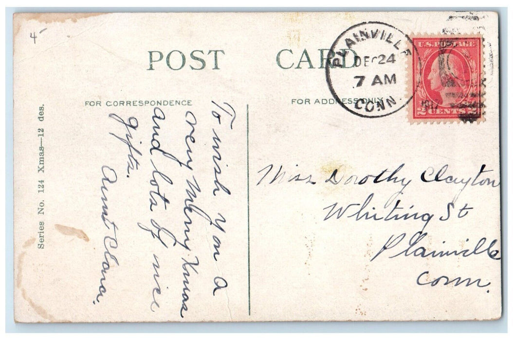1917 Christmas Greeting Cat In Dutch Shoe Holly Berries Plainville CT Postcard