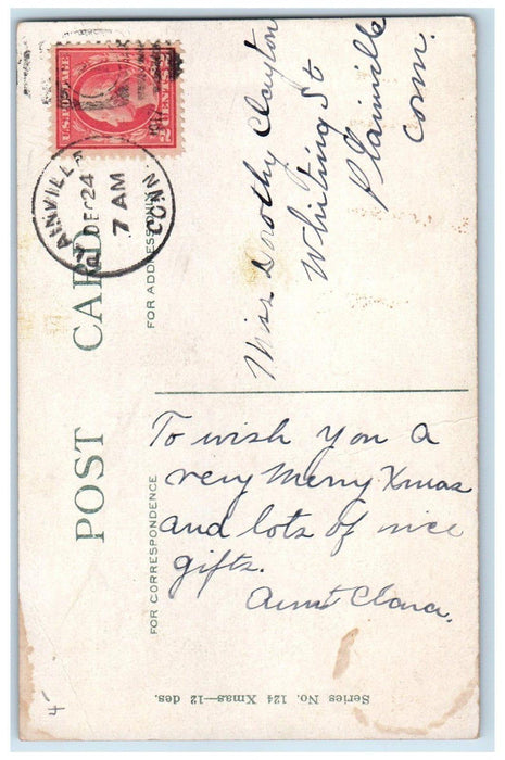 1917 Christmas Greeting Cat In Dutch Shoe Holly Berries Plainville CT Postcard