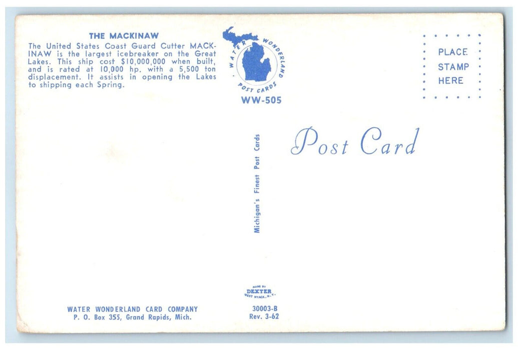 The Mackinaw Steamer Ship United Coast Cutter Largest On Great Lakes Postcard