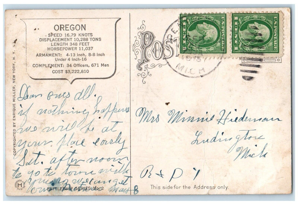 c1910's USS Oregon Steamer Ship Ludington Michigan MI Posted Antique Postcard