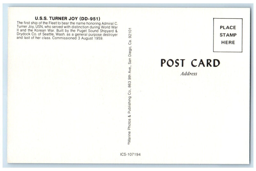 c1940's USS Turner Joy DD-951 First Ship Of The Fleet To Bear WW2 Postcard