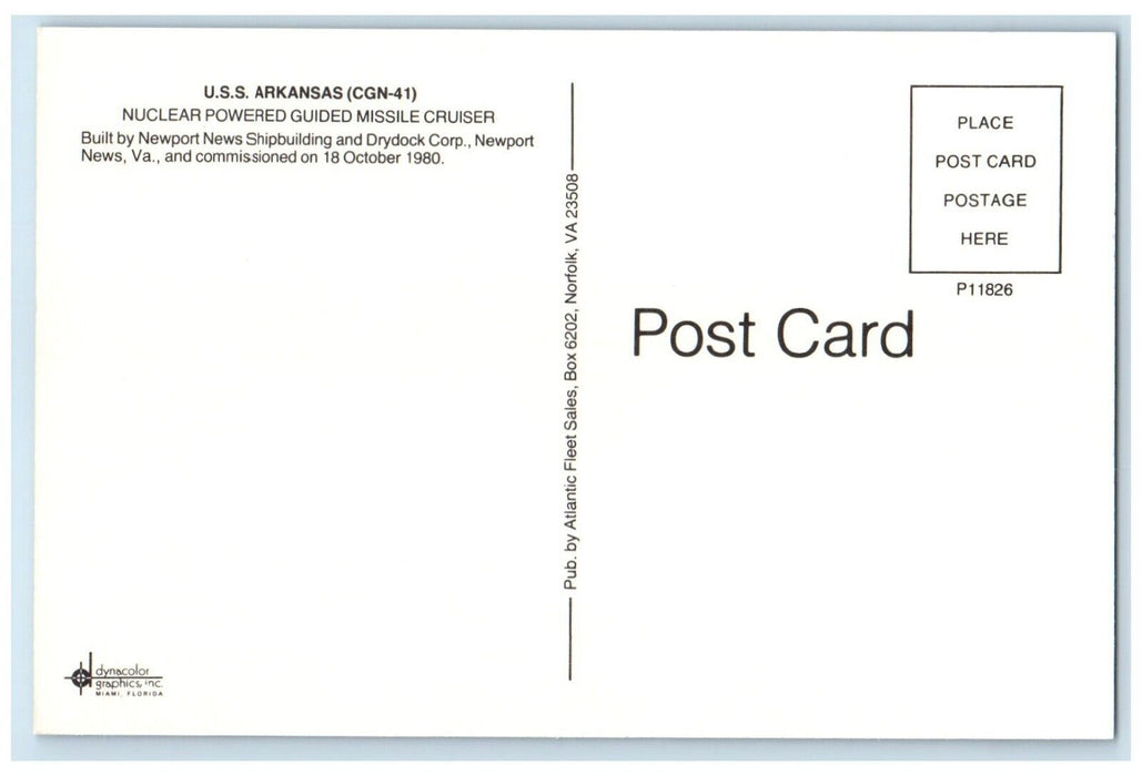 c1950's USS Arkansas CGN-41 Nuclear Powered Guided Missile Cruiser Postcard