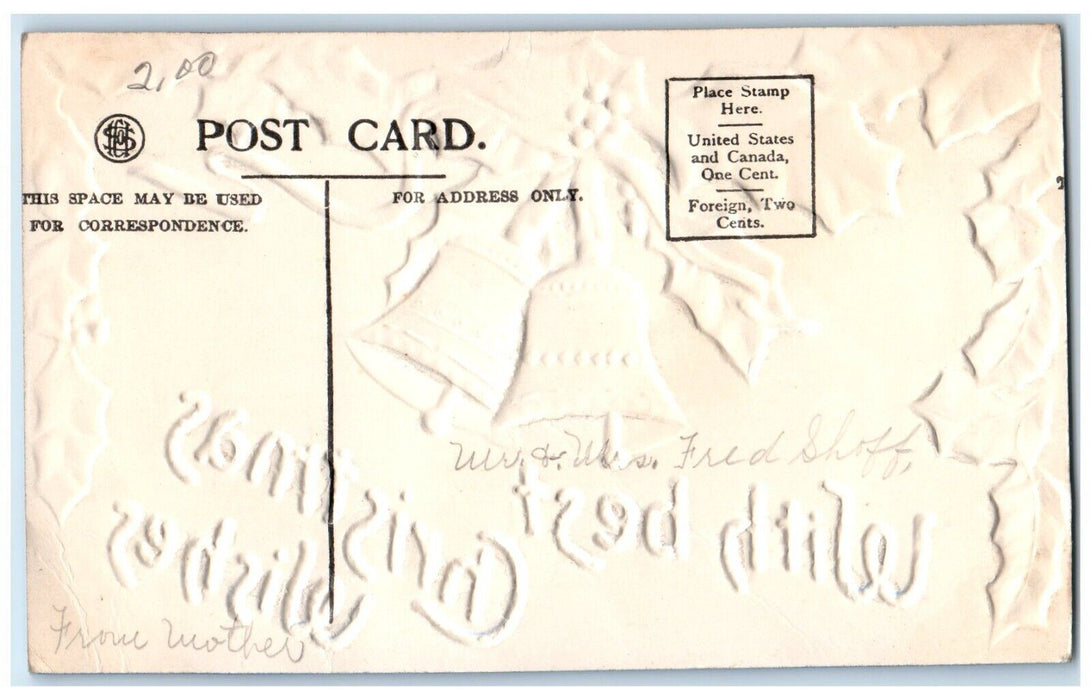 c1910's Christmas Wishes Holly Berries Ringing Bells Airbrushed Antique Postcard