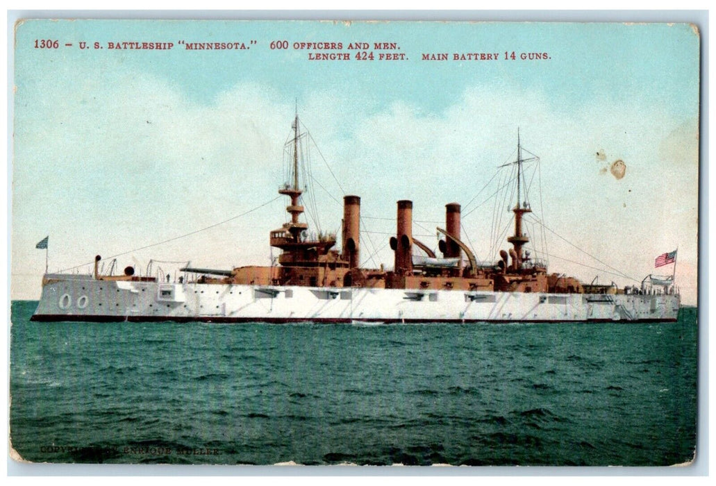 c1910's US Battleship Minnesota Steamer Navy Ship Posted Antique Postcard