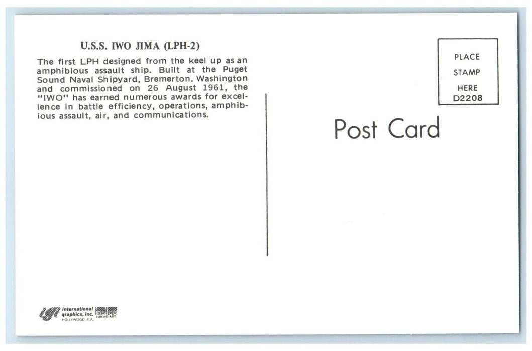 USS Iwo Jima LPH 2 Amphibious Assault Navy Ship Bremerton Washington WA Postcard