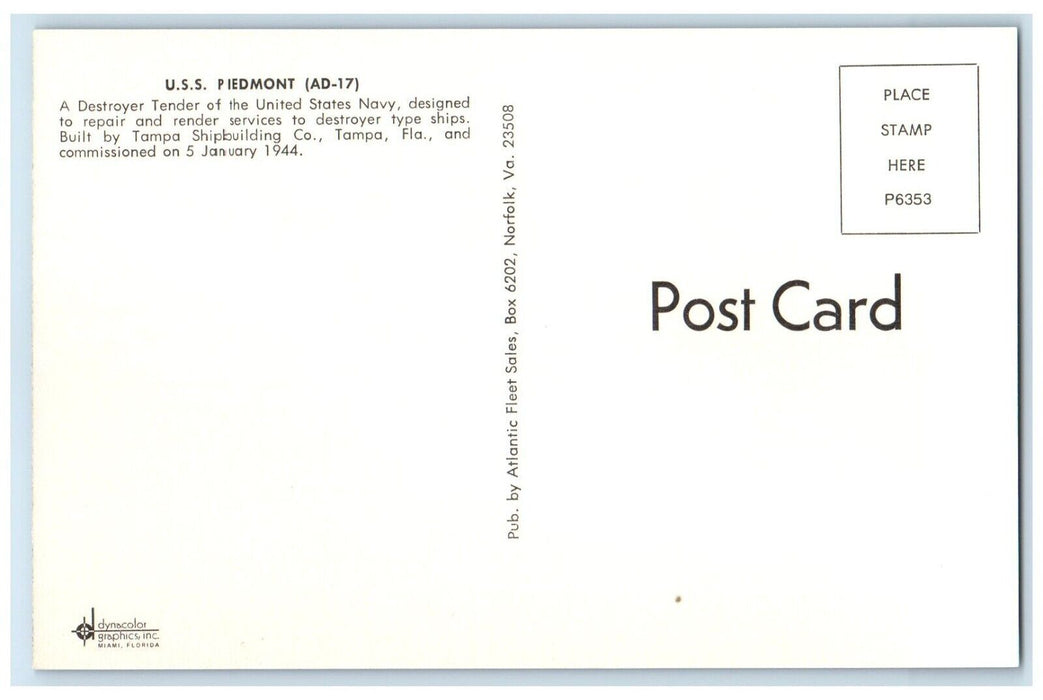 USS Piedmont AD 17 Destroyer Tender United States Navy Ship Tampa FL Postcard