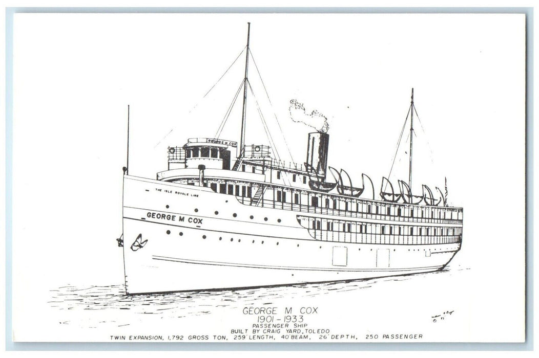 George M Cox Passenger Ship Print Art Creative County William Dezur MI Postcard