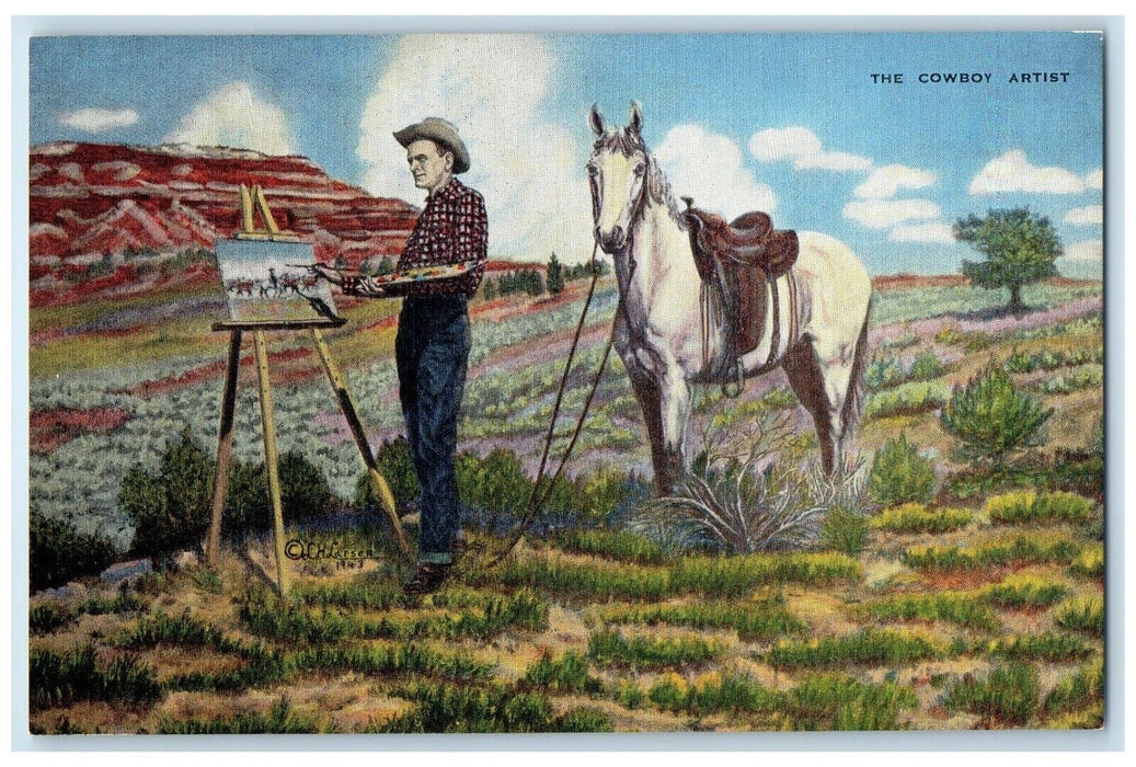 c1940's The Cowboy Artist Oil Painting Cowboy LH Dude Larsen Vintage Postcard