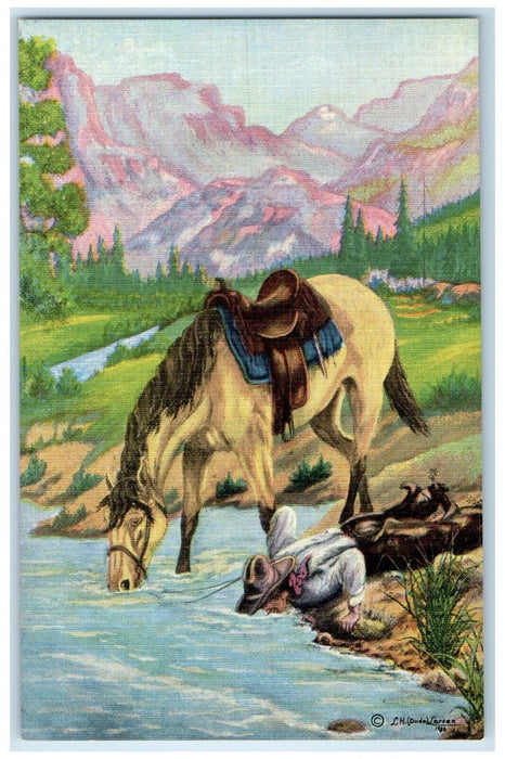 Horse Drink Of Water Original Oil Painting Cowboy LH Dude Larsen Art Postcard