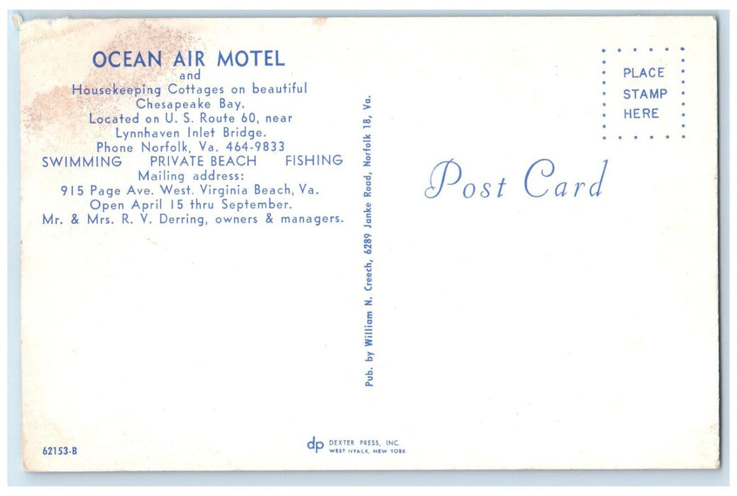 1960 Exterior View Ocean Air Motel Norfolk Virginia VA Antique Unposted Postcard