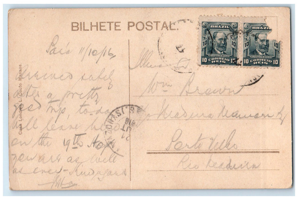 1916 Matrix Square Manaus Brazil Unposted Antique Casa Londres L Couto Postcard