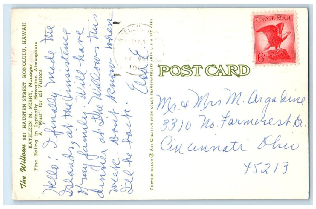 1965 Scenic View Willows Restaurant Pond Hut Honolulu Hawaii HI Antique Postcard
