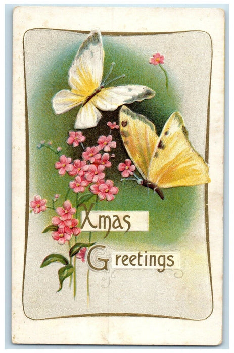 c1910's Christmas Greetings Flowers Butterflies Winsch Back Embossed Postcard