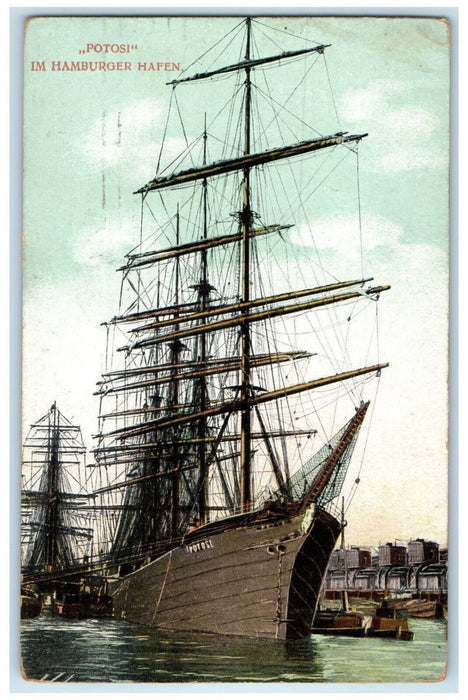 1909 Schooner Ship Potosí in Port of Hamburg Germany Antique Posted Postcard