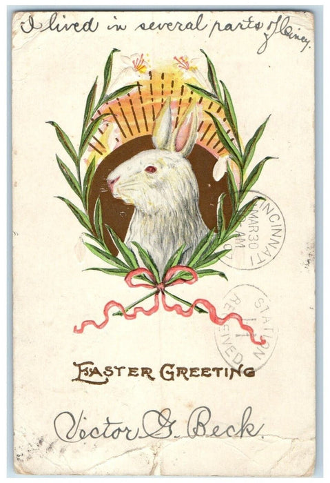 1907 Easter Greeting Bunny Rabbit Embossed Fort Riley KS Embossed Postcard