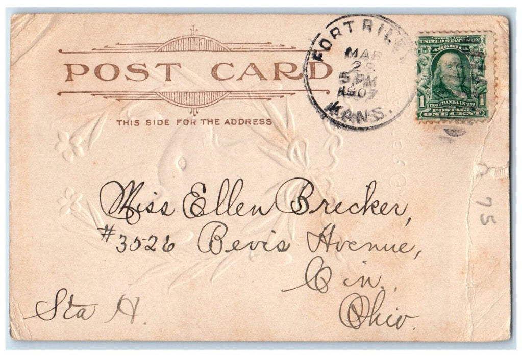 1907 Easter Greeting Bunny Rabbit Embossed Fort Riley KS Embossed Postcard