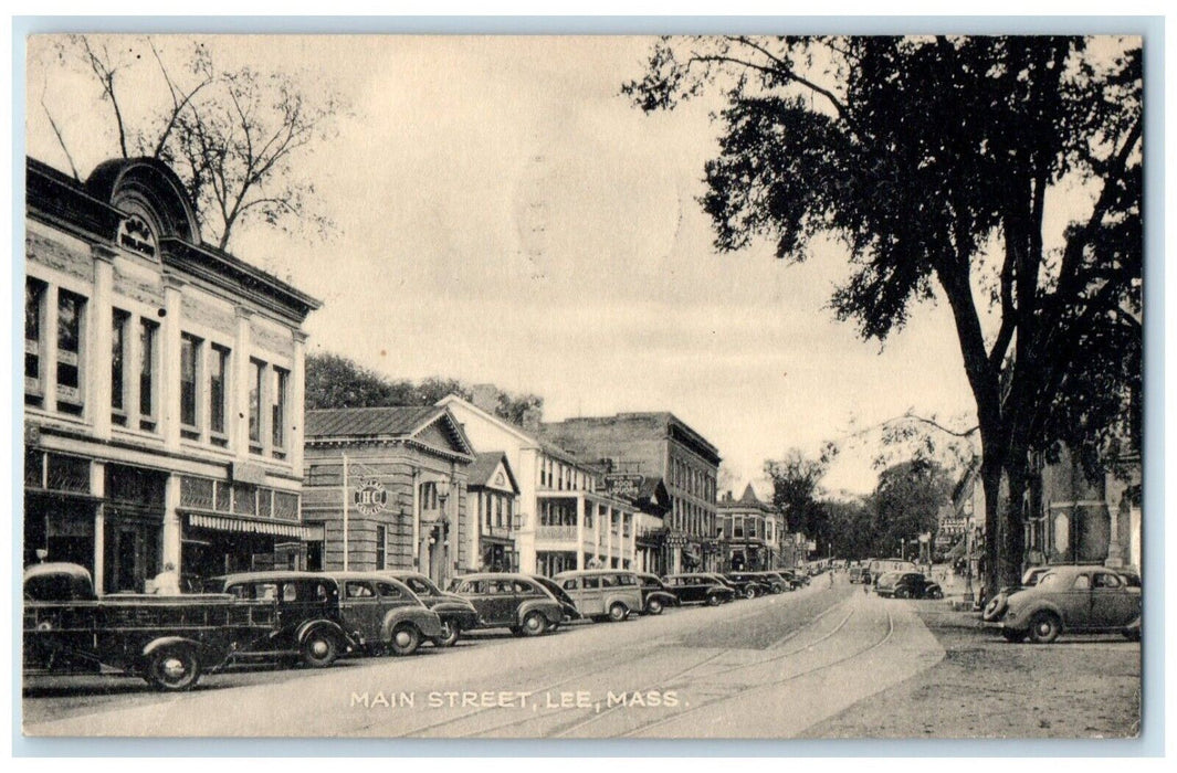 1957 View Of Main Street Drugs Stores Cars Lee Massachusetts MA Antique Postcard