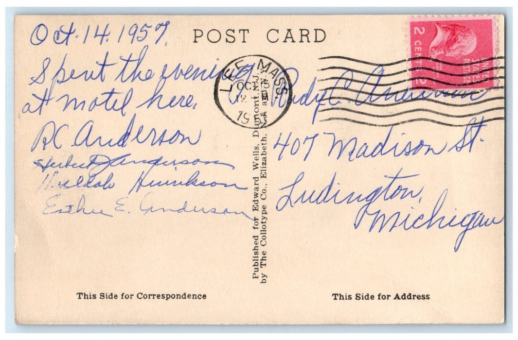 1957 View Of Main Street Drugs Stores Cars Lee Massachusetts MA Antique Postcard