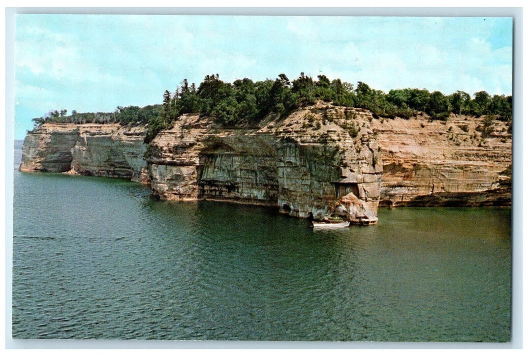 Indian Head Rock Munising Michigan MI, Aerial View Big Cruise Boat Postcard