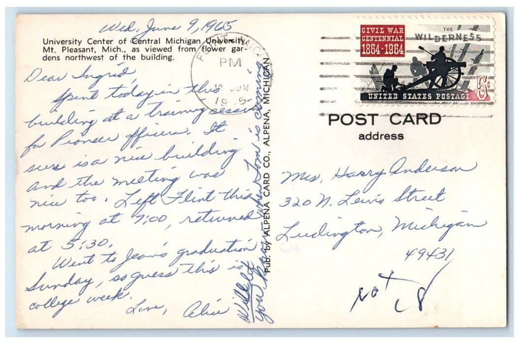 1965 University Center Of Central Michigan University Mt. Pleasant MI Postcard