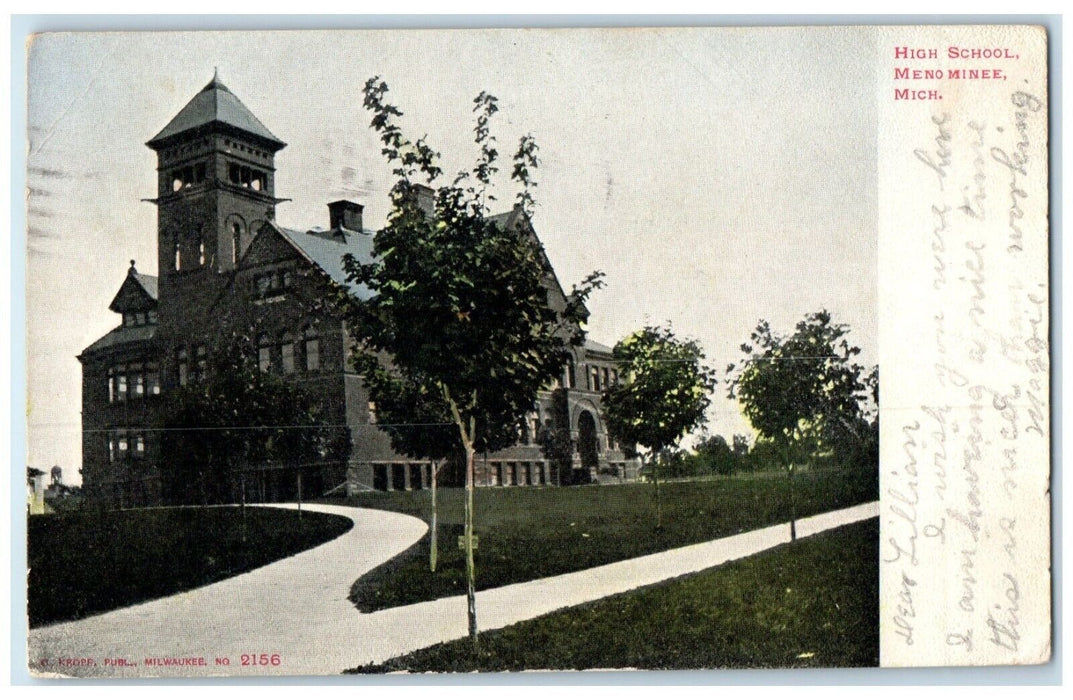 1906 High School Building Menominee Michigan MI Posted Antique Postcard