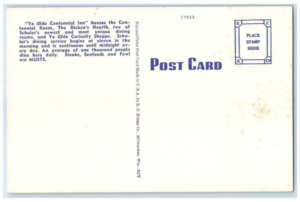 c1950's Schuler's Marshall MI, Ye Olde Centennial Inn Hotel Restaurant Postcard