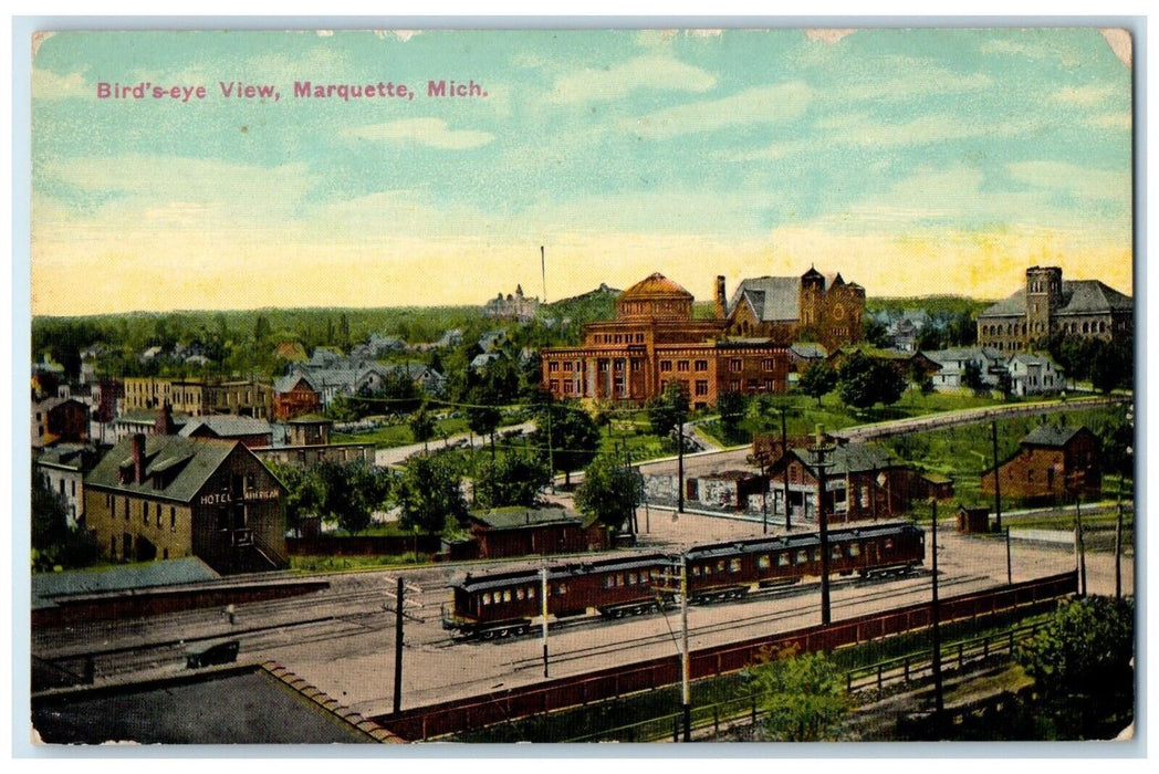 1915 Bird's Eye View Railroad Train Hotel American Marquette MI Antique Postcard