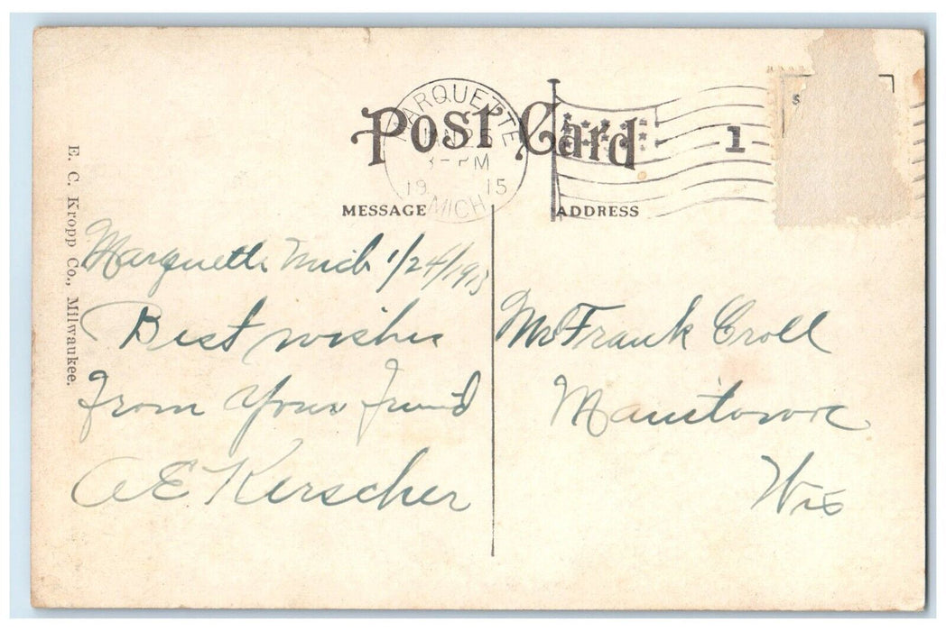 1915 Bird's Eye View Railroad Train Hotel American Marquette MI Antique Postcard