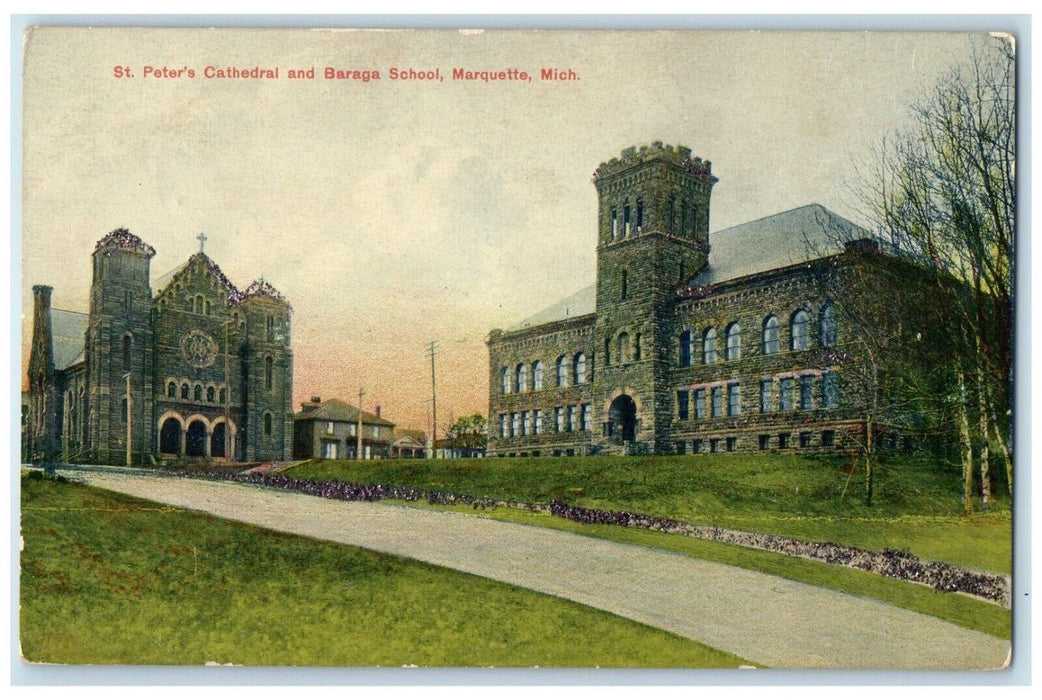 1908 St. Peter's Cathedral And Baraga School Marquette Michigan MI Postcard