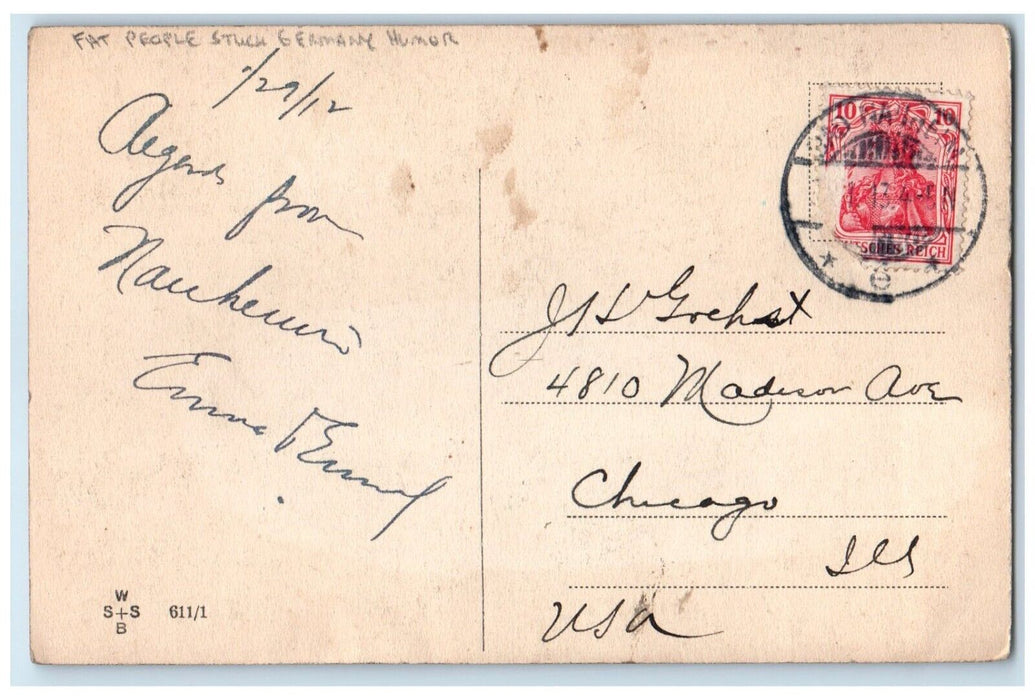 1912 Fat People Stuck Cigarette Smoke Germany Humor Posted Antique Postcard